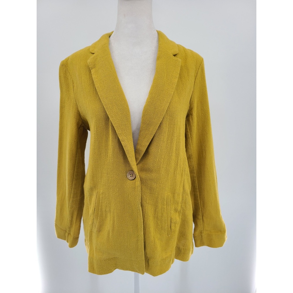 Free People Women Textured Blazer XS‎ Jacket Cotton Yellow Button Front Career